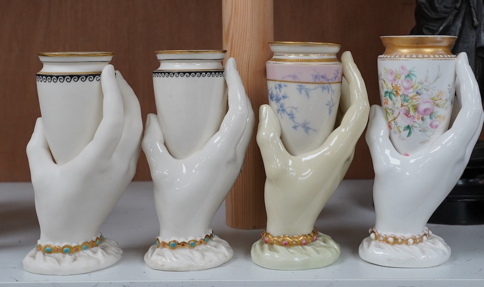 A pair and two other Worcester ‘Harley’s hand’ vases, 15cm. Condition - fair to good, singular rose decorated vase has restored area to upper rim